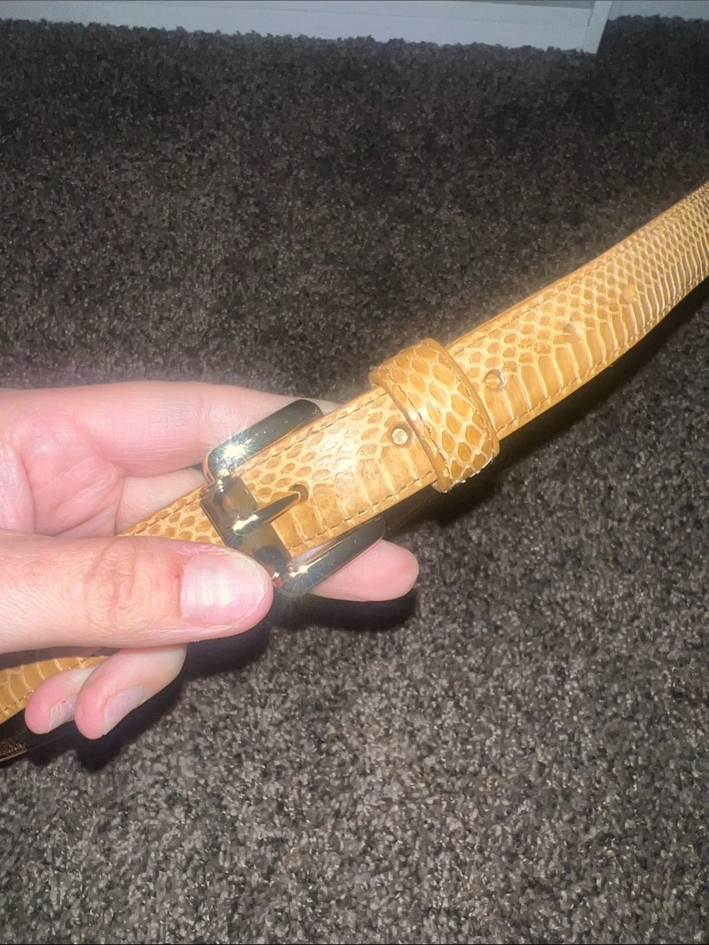 Michael Kors Yellow Snake-Embossed Leather Belt with Gold Buckle